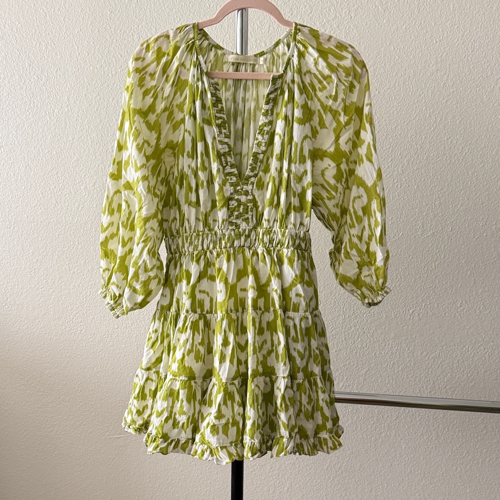 Charina Sarte Dress Green and White Printed Tiered Mini Dress Size M